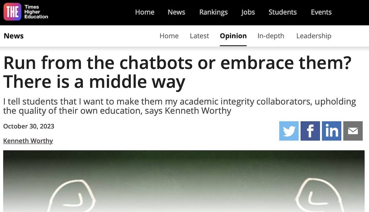 Faculty member Kenneth Worthy article headline: Run from the chatbots or embrace them?