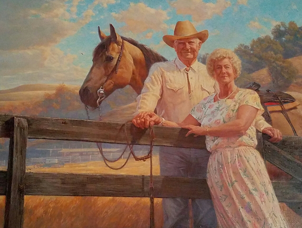 Uncropped painting of Linus and Ruth Claeys with horse behind them