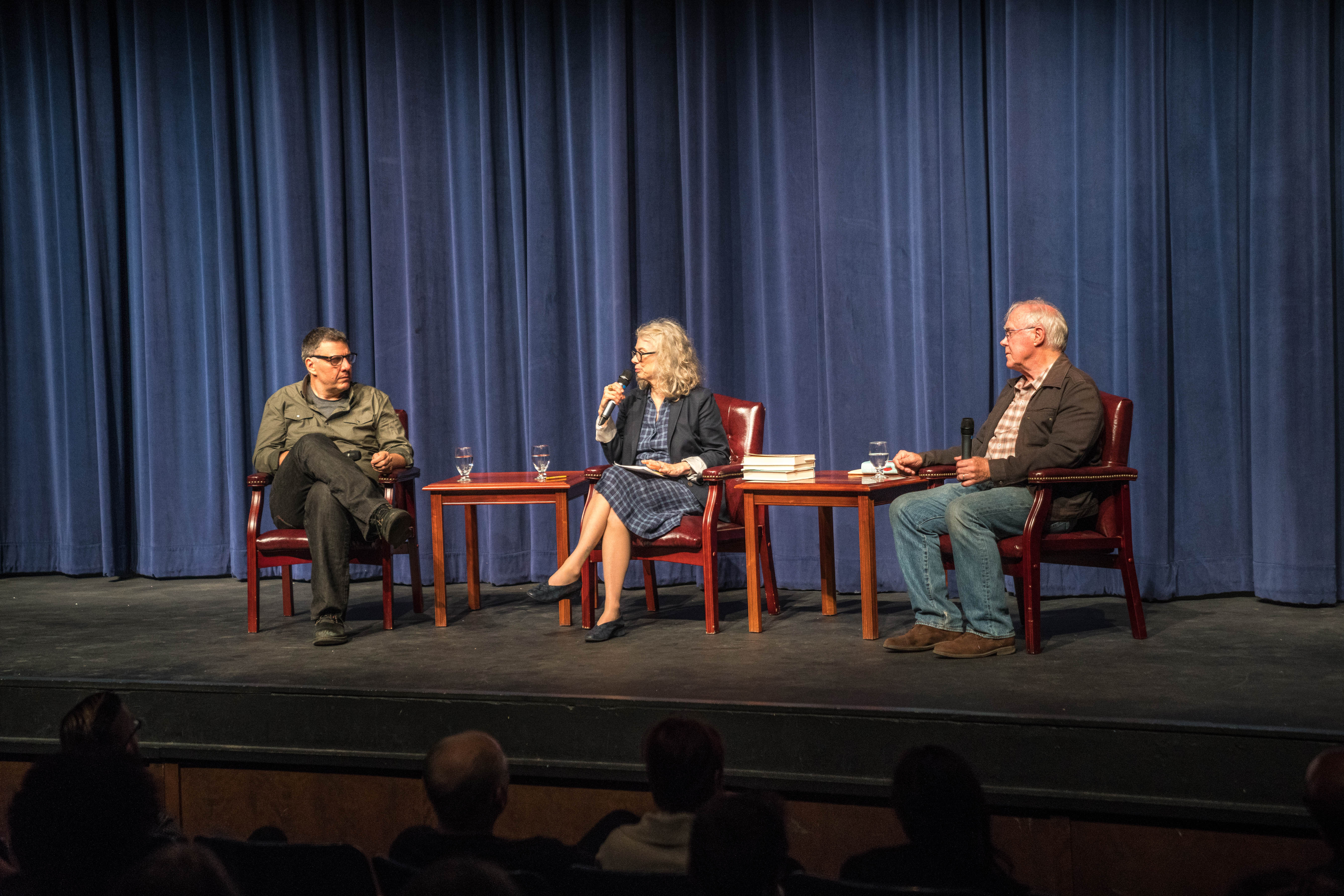 Matthew Zapruder, Brenda Hillman, and Robert Hass '63 onstage at LeFevre Theater