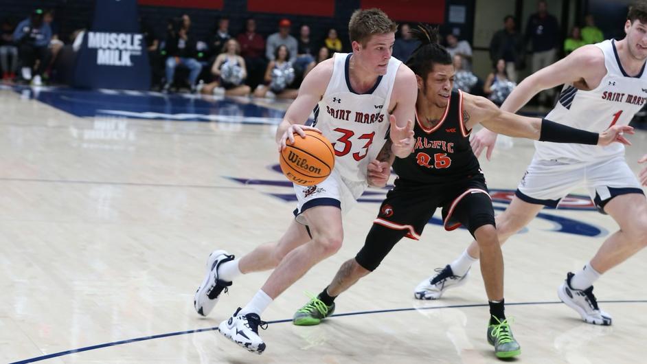 Men's basketball player Luke Barrett, No. 33, drives against Pacific while a defender tries to stop him, in January 2024