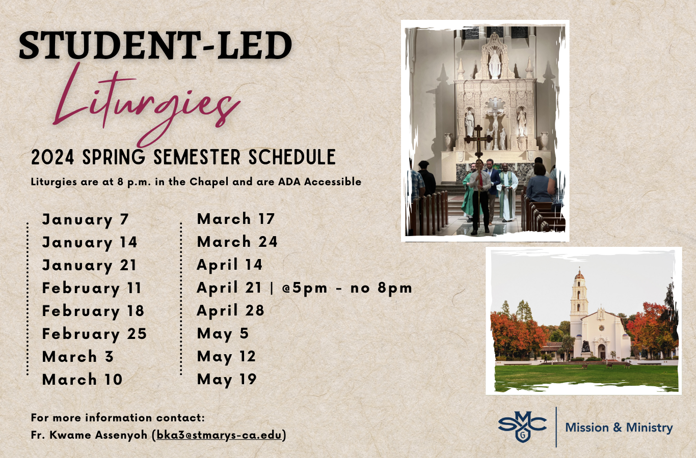 Jan term and Spring Term 2024 Student Liturgy Schedule