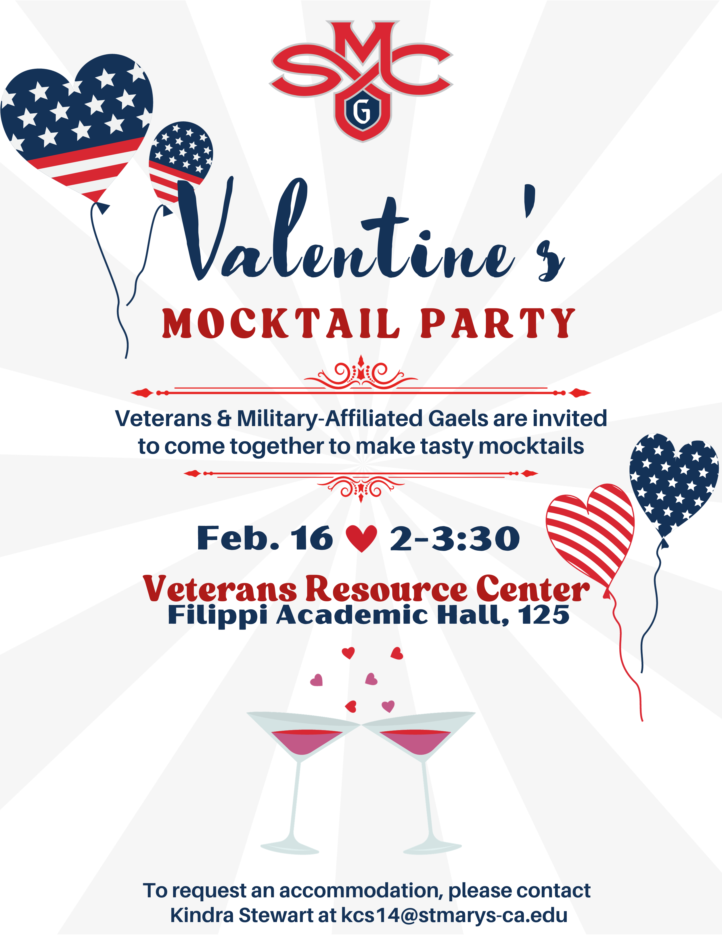 Flyer with American flag-themed balloons and valentine's day cocktail glasses