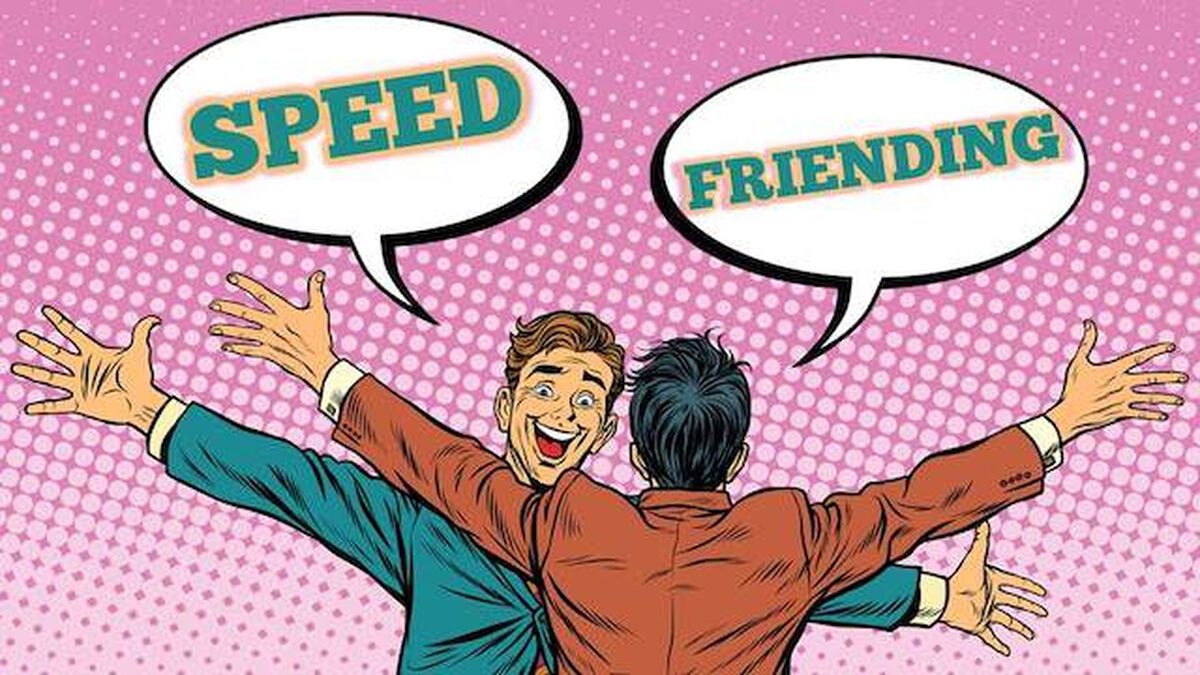 Two friends holding out their arms to engage in a hug with speech bubbles saying Speed Friending