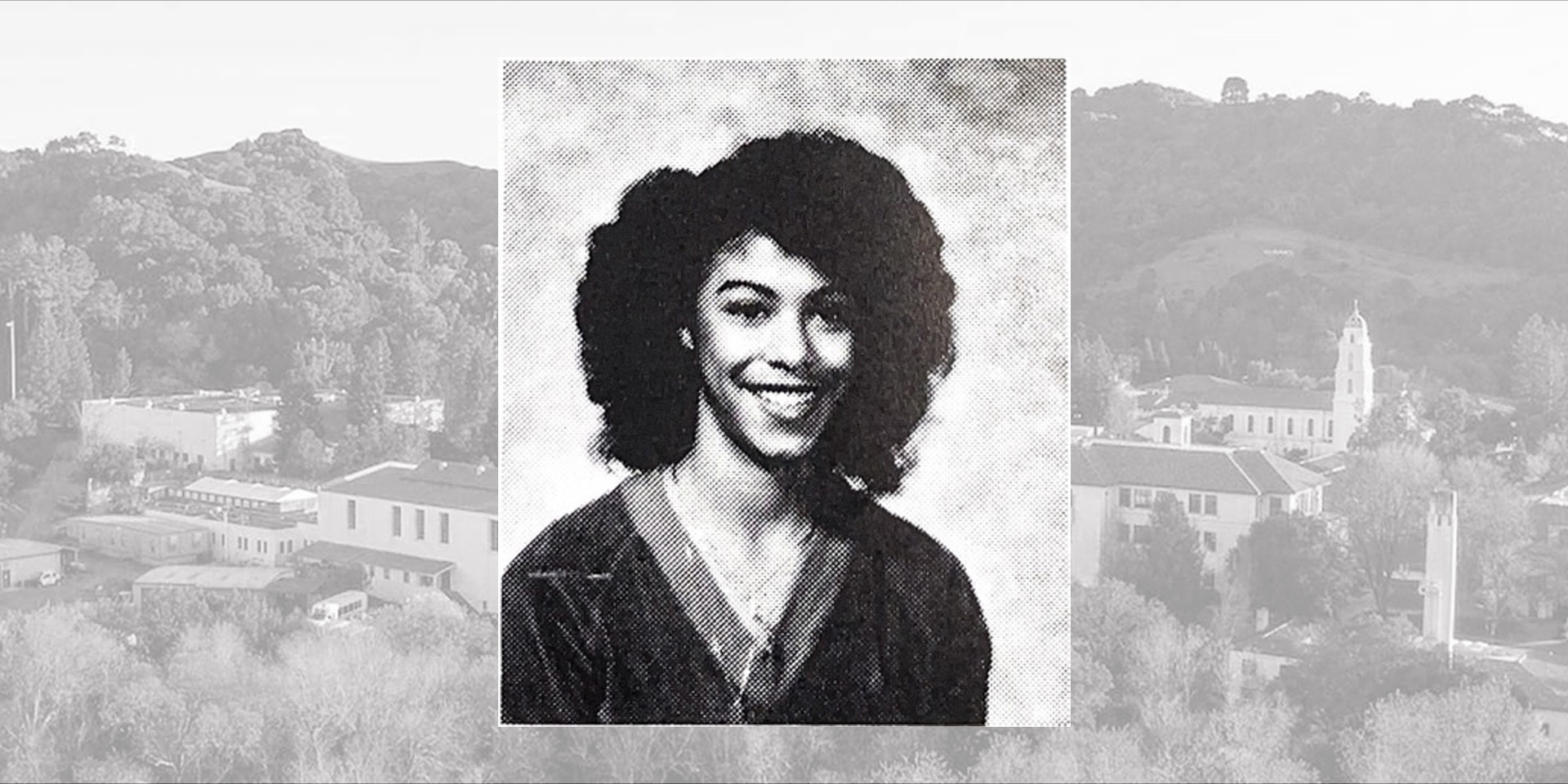 Headshot of Vicki Martin Smith '83 against a backdrop of the SMC campus