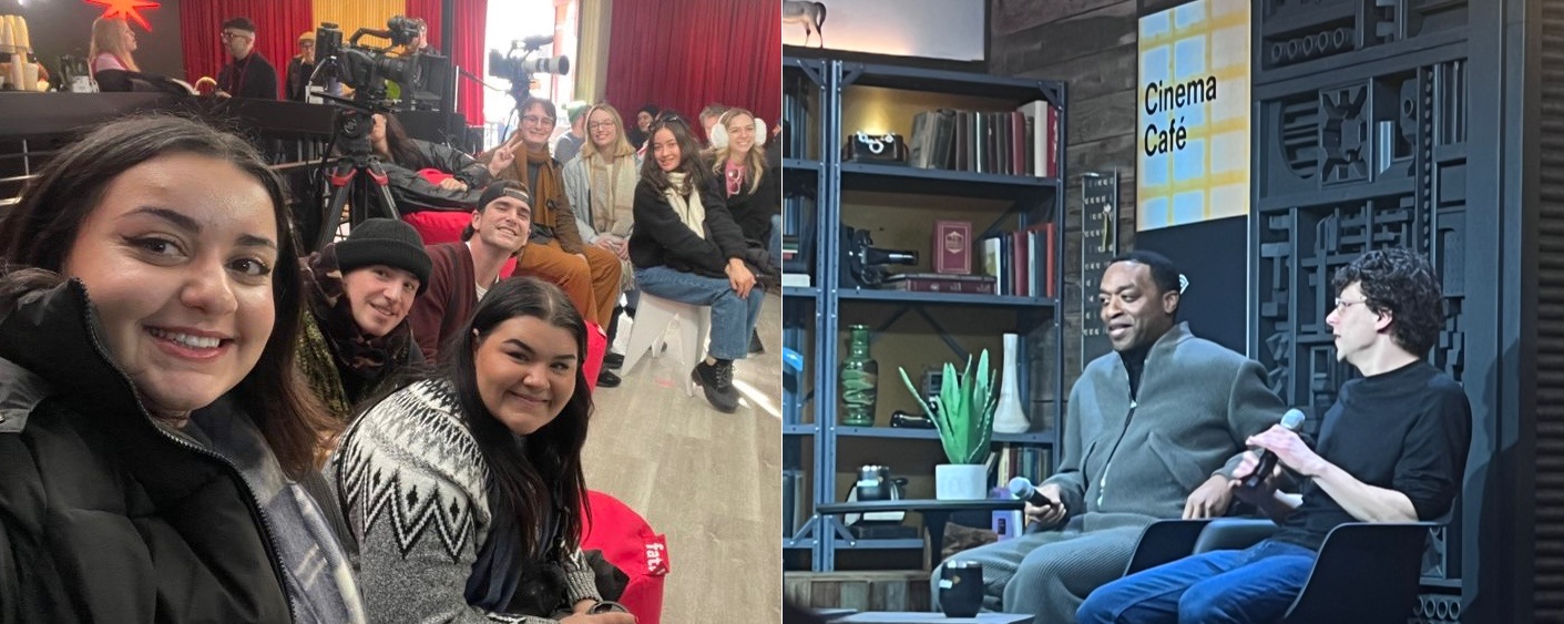 Students at the cinema cafe listening to Jesse Eisenberg and Chiwetel Ejiofor