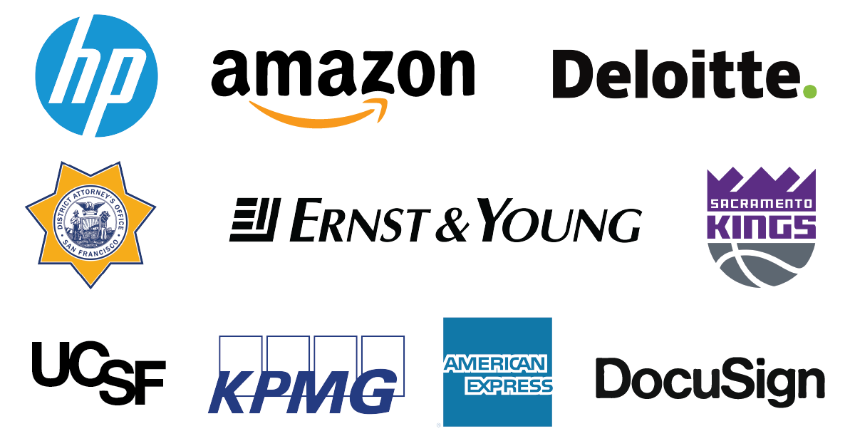 HP, Amazon, Deloitte, SF District Attorneys Office, Ernst & Young, Sacramento Kings, UCSF, KPMG, American Express, and Docusign logos