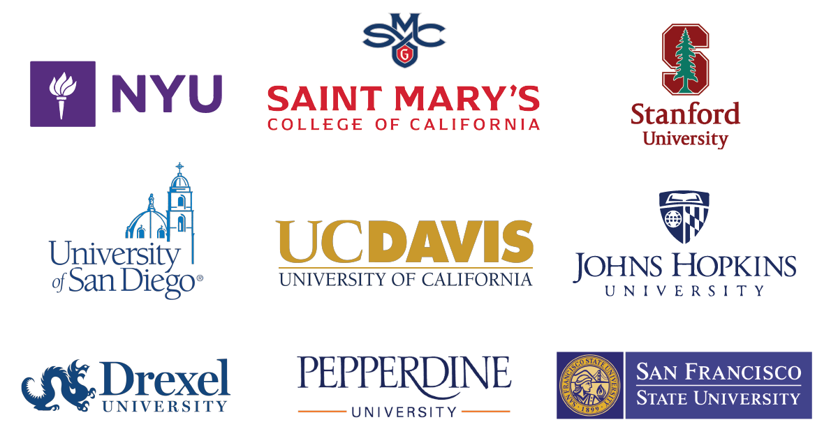 NYU Saint Mary's College, Stanford, University of San Diego, UC Davis, John Hopkins, Drexel University Pepperdine, SFSU logos