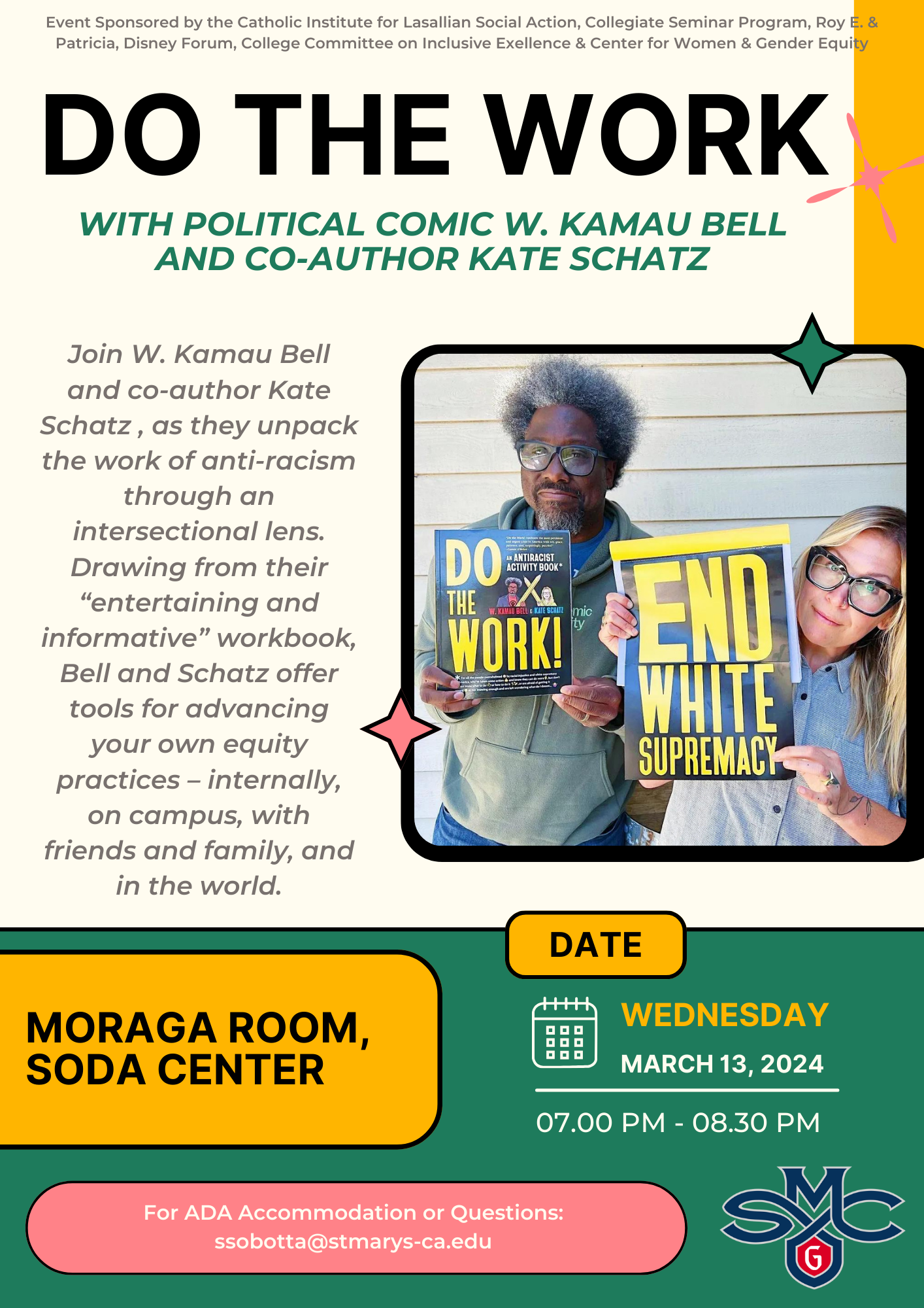 Overwhelmed by injustice? Outraged by the news? Asking yourself, “What can I do?” Join political comic W. Kamau Bell and co-author Kate Schatz , as they unpack the work of anti-racism through an intersectional lens. Drawing from their “entertaining and informative” workbook, Bell and Schatz offer tools for advancing your own equity practices – internally, on campus, with friends and family, and in the world.