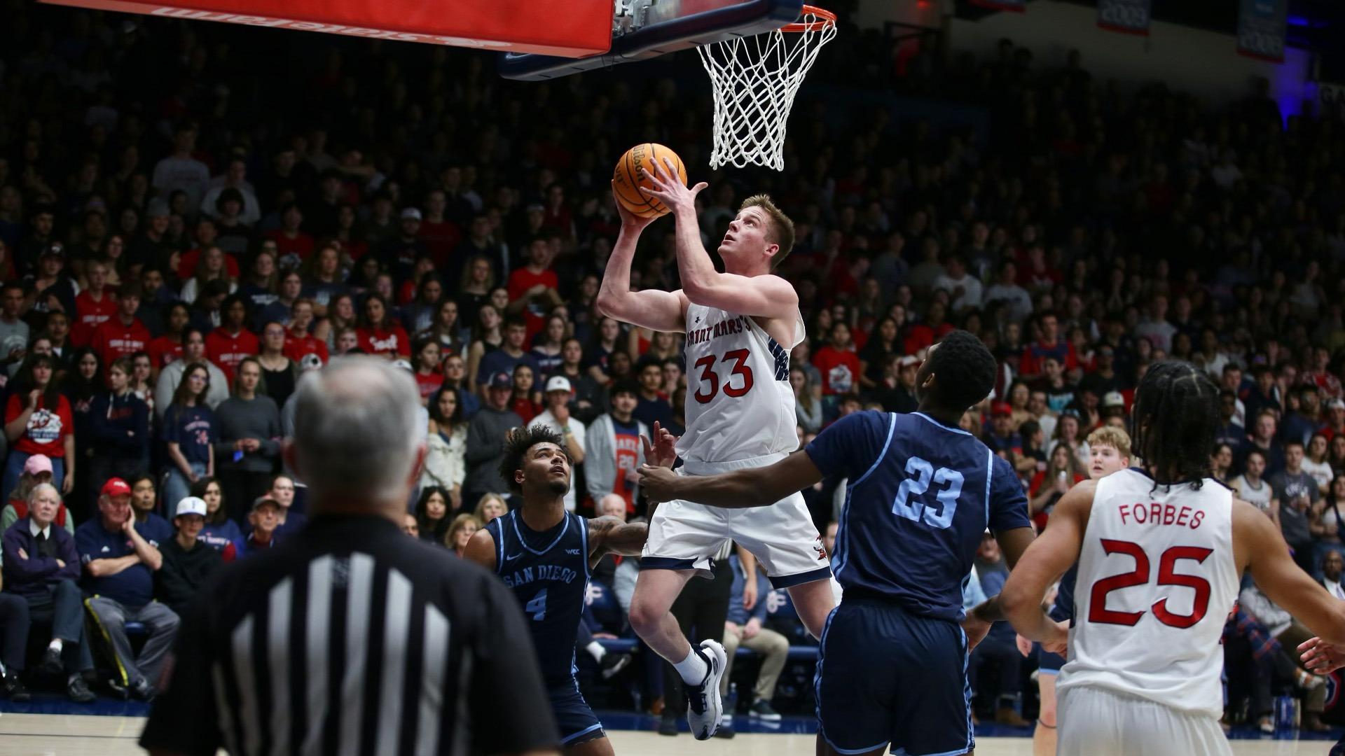 Men's Basketball player Luke Barrett shoots against San Diego in February 2024