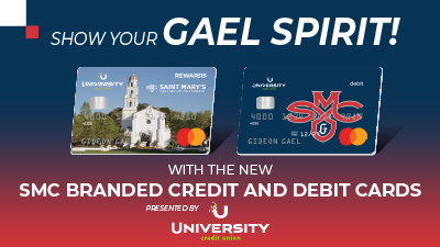 Graphic depicting Saint Mary's-branded credits cards, photo of the chapel and athletics logo