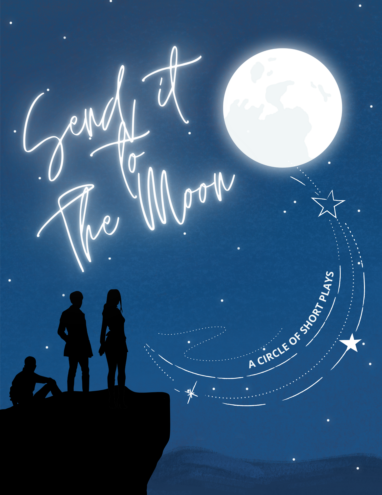 a silhouetted image of people looking up at the white full moon with a blue background and "A Circle of Plays" written along a shooting star