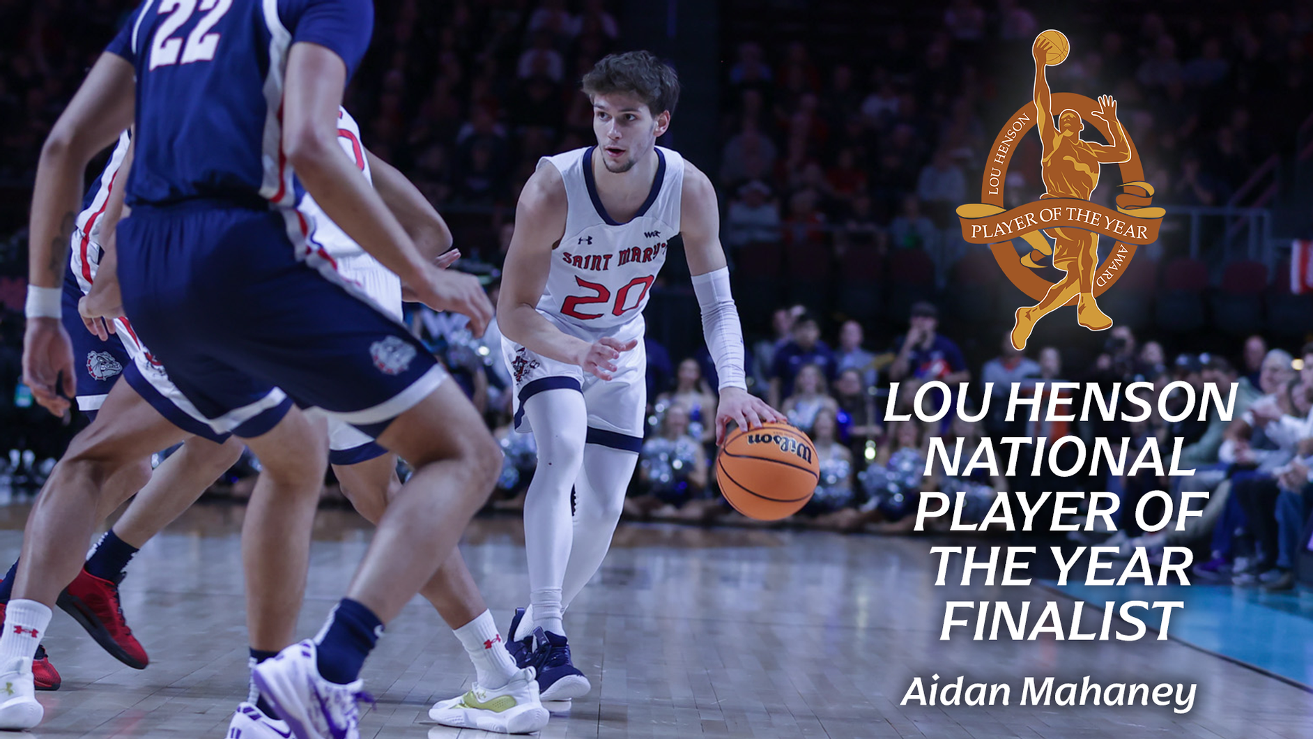 Men's Basketball player Aidan Mahany and text Lou Henson National Player of the Year Finalist