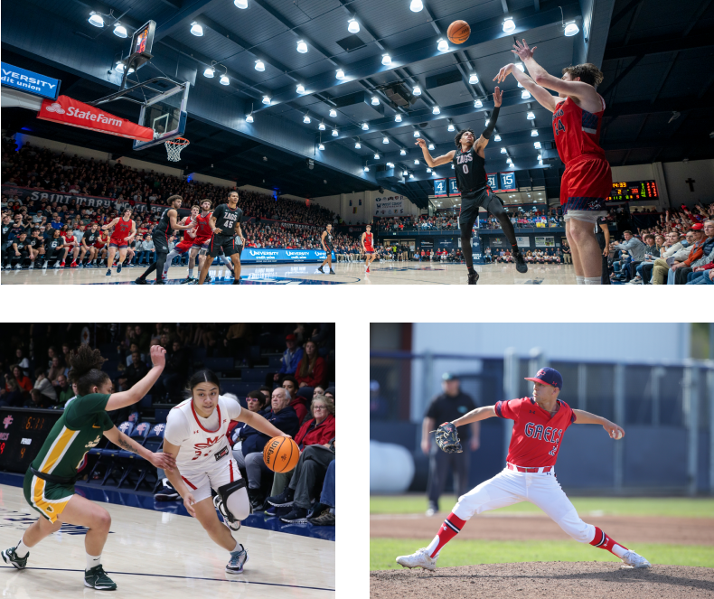 Saint Mary's College student athletes playing basketball and baseball