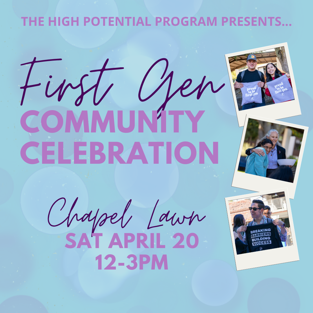 Event flyer for first gen community celebration on april 20 from 12 to 3pm.