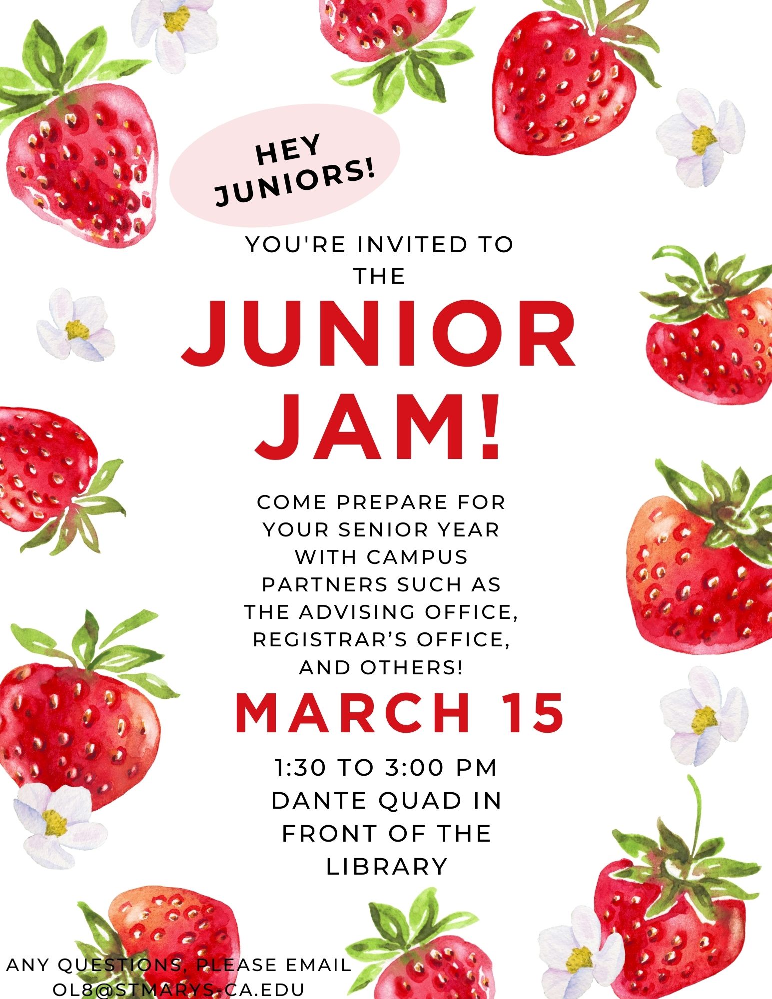 flier for junior jam event on march 15 to prepare juniors for their senior year