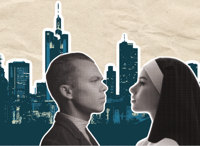 A photo for ACT's "Measure For Measure," with one well-dressed man and a woman dressed as a nun look directly at each other against a blue skyline