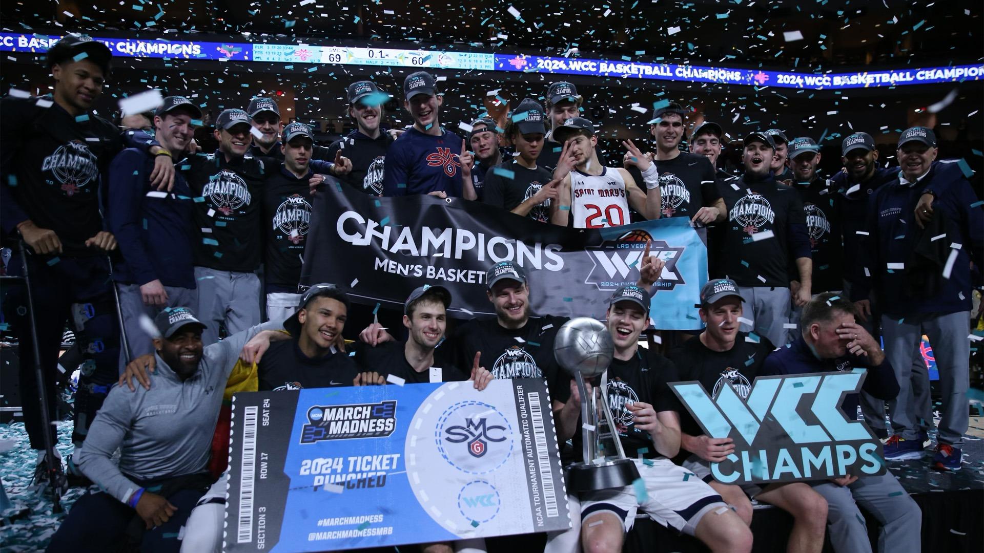 Men's Basketball Team with WCC trophy