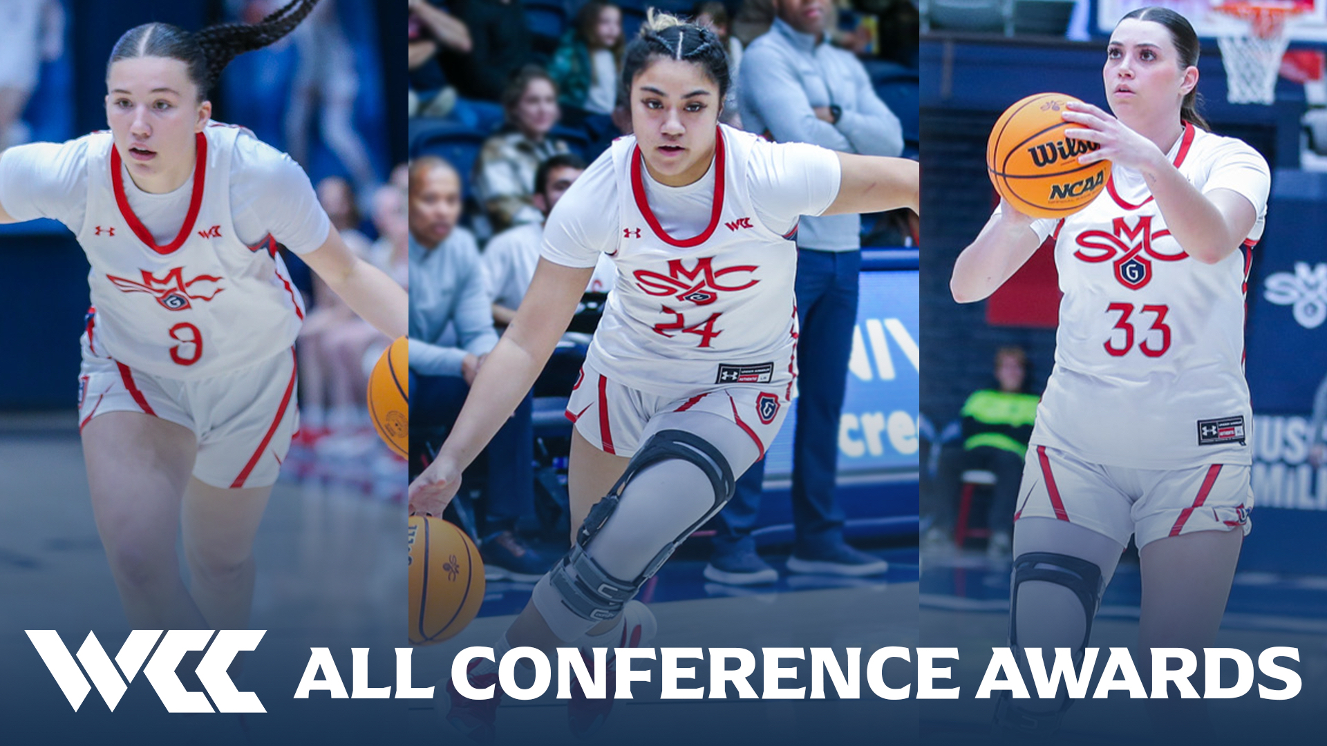Three women's basketball players and the text WCC All Conference Awards