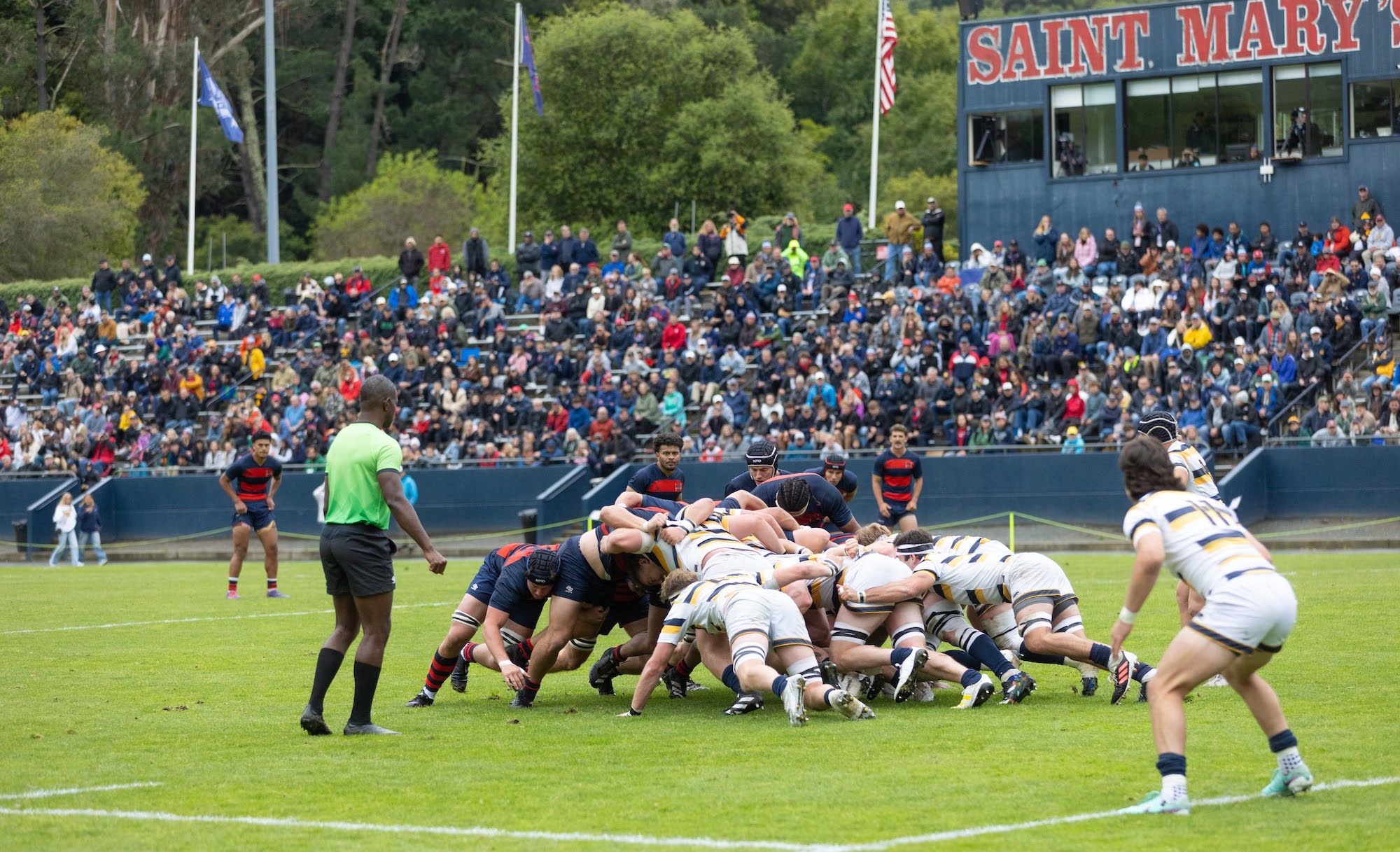 Men's Rugby scrum against UC Berkeley Golden Bears at Saint Mary's Stadium on April 13, 2024