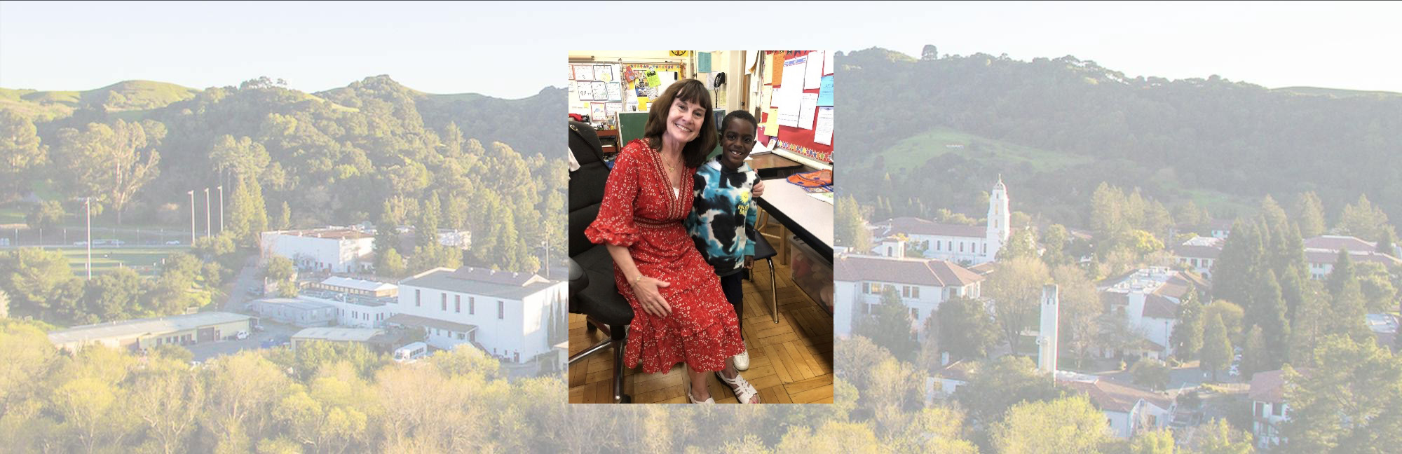 Teacher with student and screened back image of campus