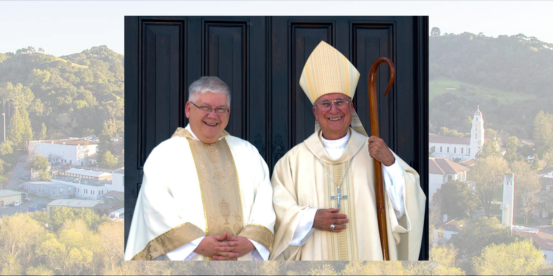 Fr. David Gentry-Akin, left, with Bishop of Stockton. In background is screened-back image of campus.