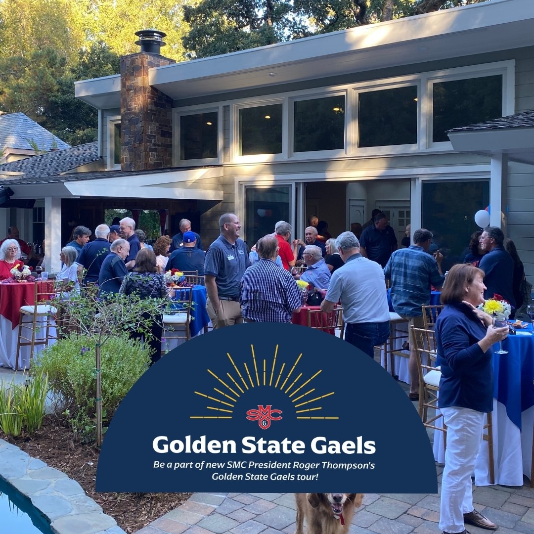 Dozens of people gather in a backyard. Text: Golden State Gaels Tour