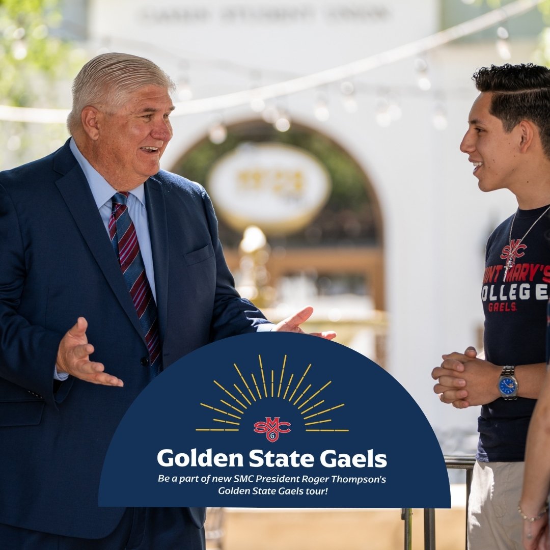 Roger Thompson talks with students, text reads: Golden State Gaels Tour