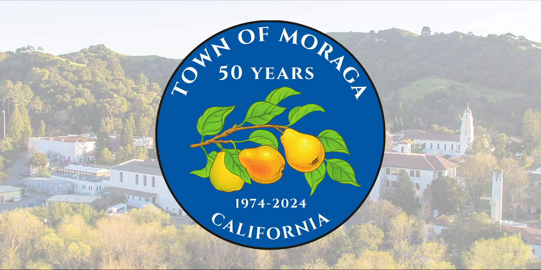Screened-back image of Saint Mary's campus with 50th Anniversary Town of Moraga Logo in front of it