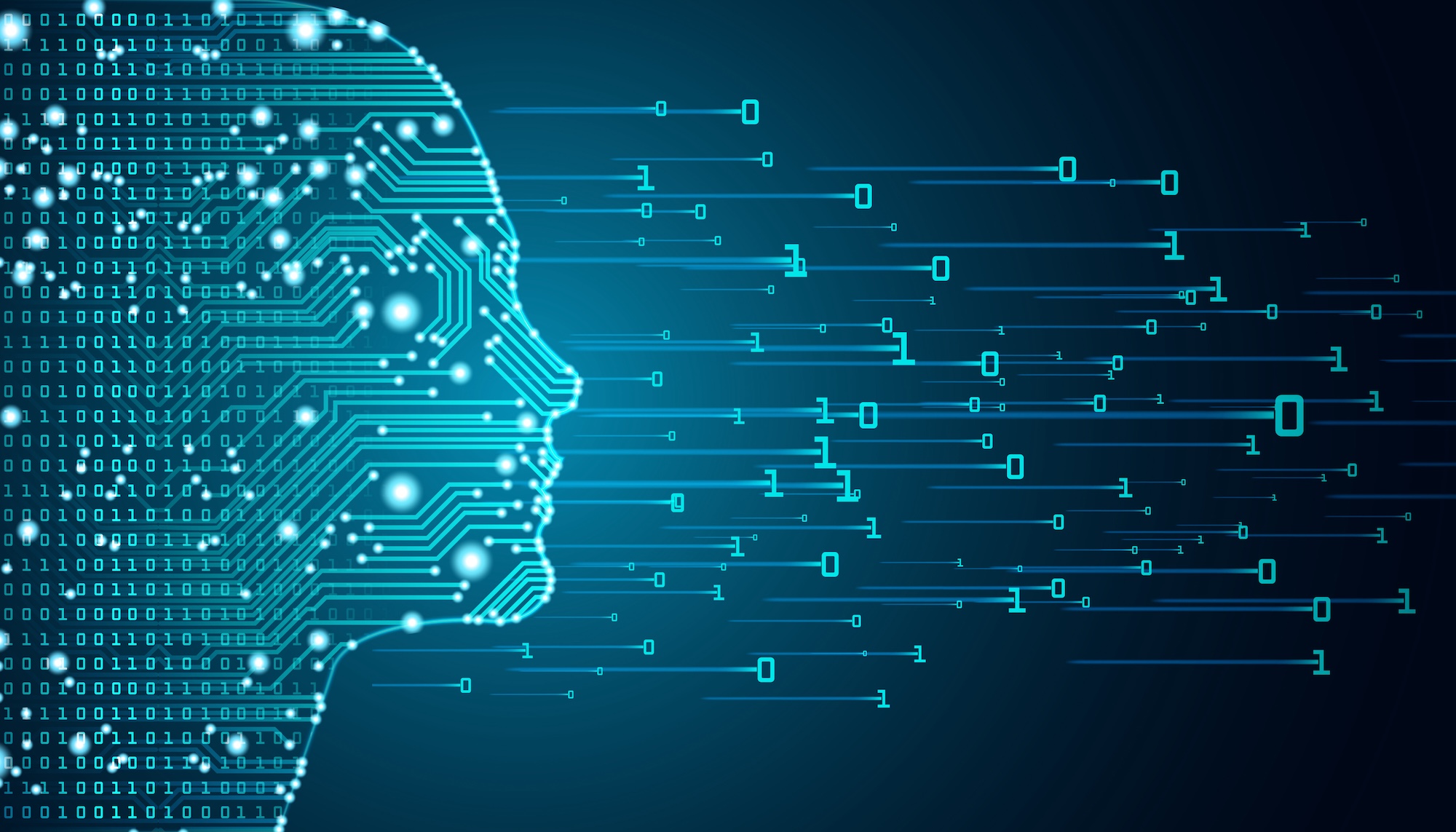 Illustration of a human face becoming 1s and 0s, to represent AI