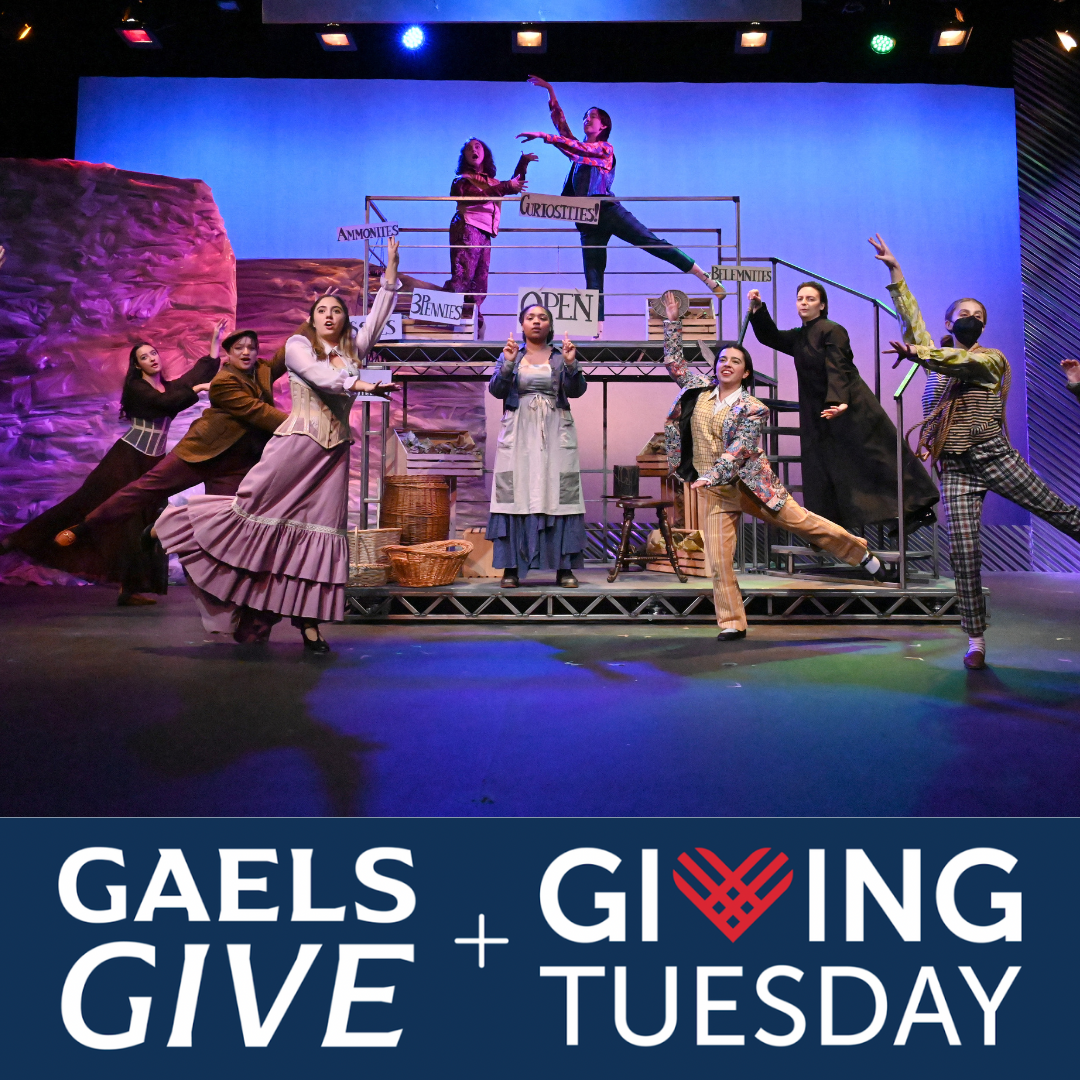 Giving Tuesday promotion with image of characters from "The Excavation of Mary Anning" dancing
