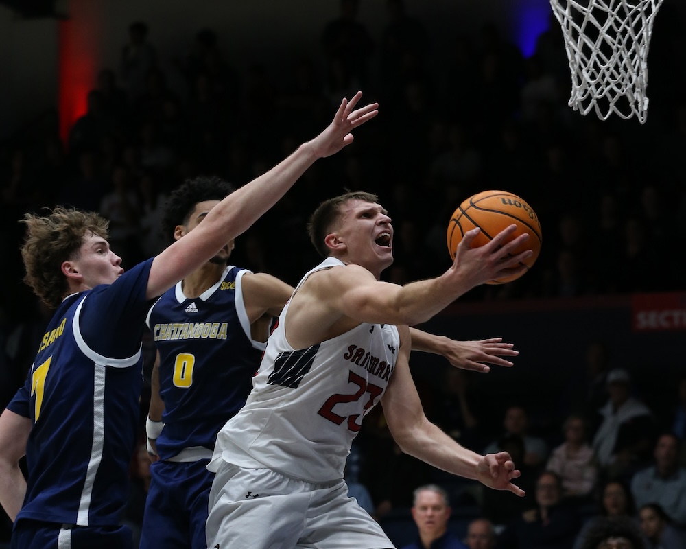 Men's Basketball player Paulius Murauskas shoots against Chattanooga in November 2024