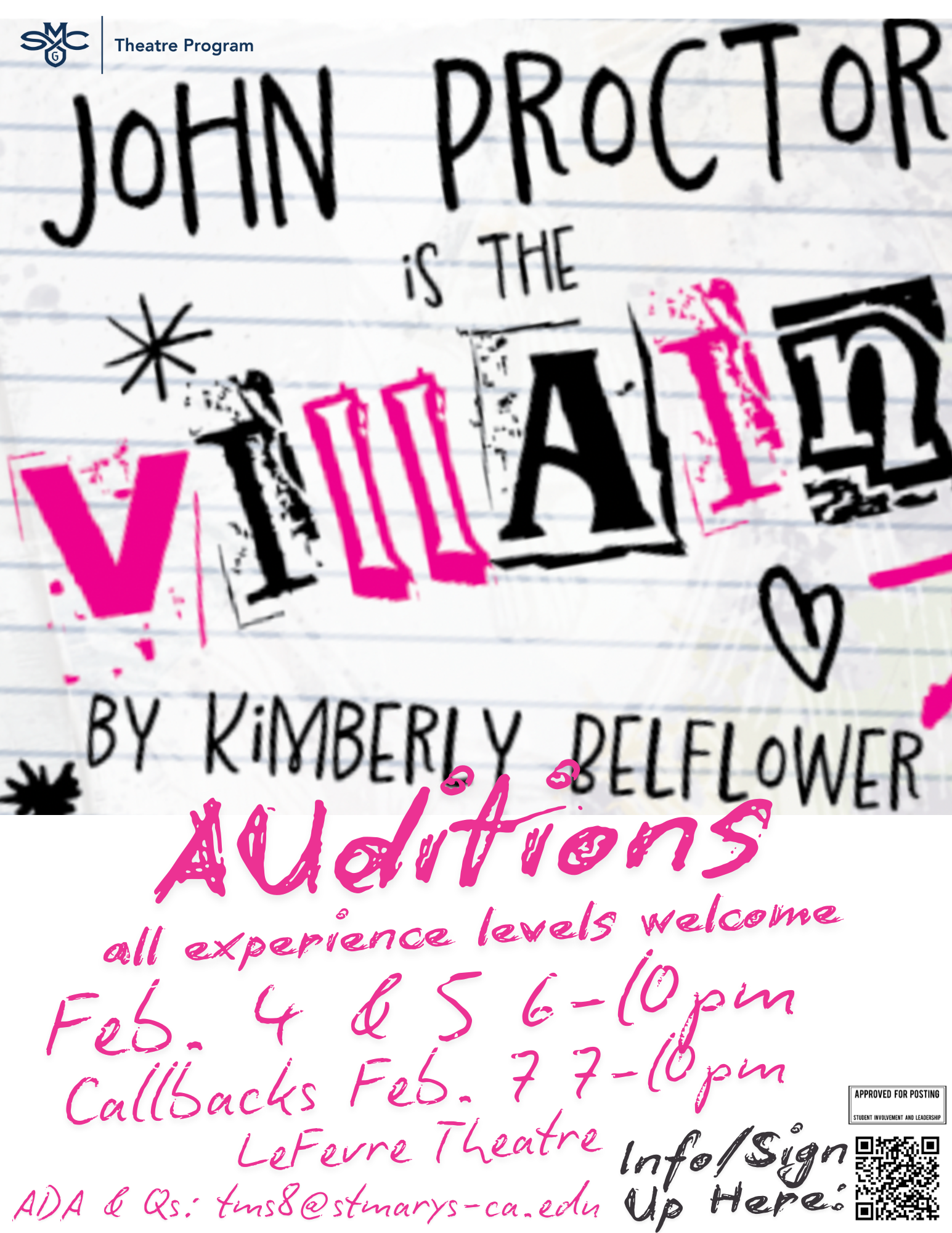 audition flyer for JOHN PROCTOR IS THE VILLAIN Spring '25 Theatre Production
