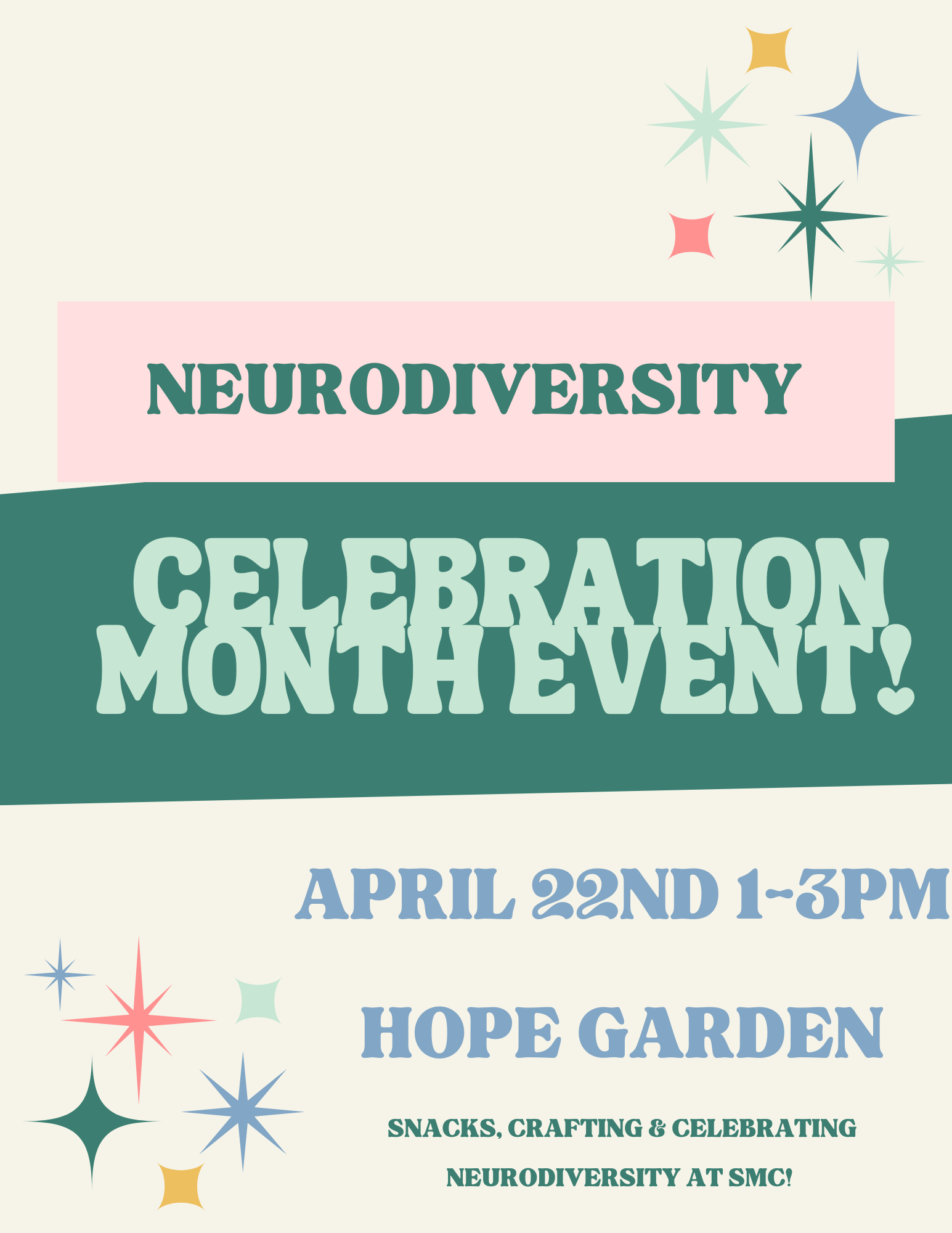 Neurodiversity Celebration Month Event 4/22 1-3pm in the Hope Garden