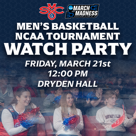 Picture of students and text Men's Basketball NCAA Watch Party for 2025