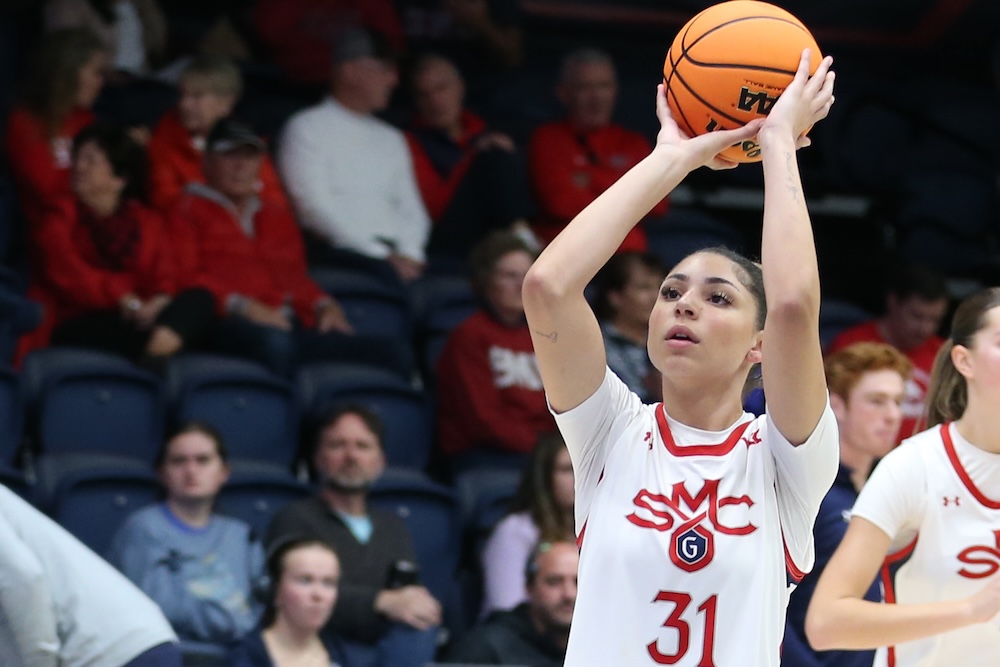 Women's basketball player Nadia Bernard shoots a ball when the Gaels play UC Riverside in 2025