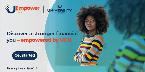 A woman looks at herself in the mirror. Text reads: Discover a stronger financial you – empowered by UCU.