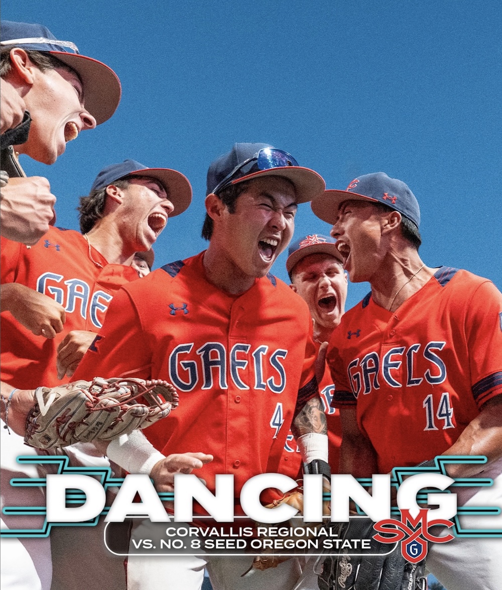 Baseball team celebrates WCC Championship, with text DANCING