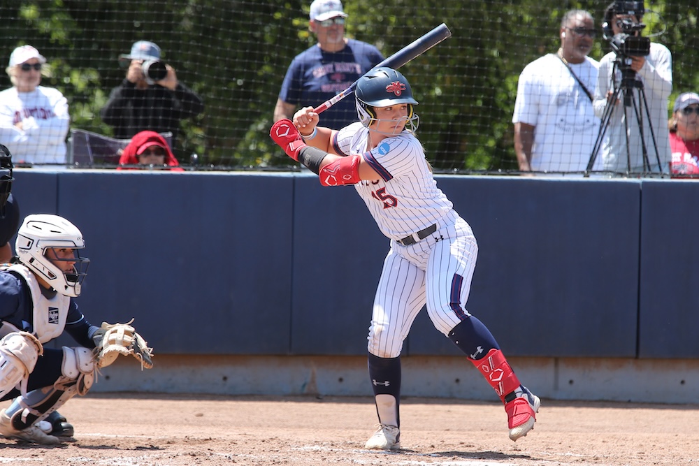 Softball player Sam Buckley at the plate in May 2025