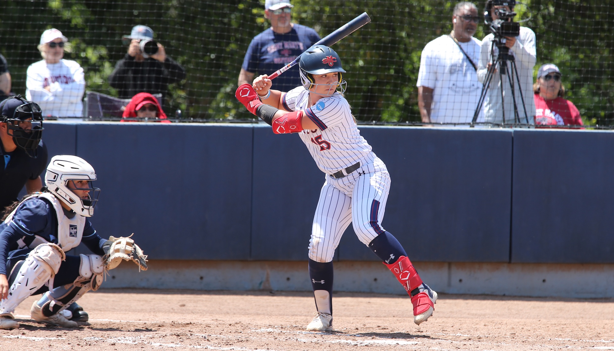 Softball player Sam Buckley at the plate in May 2025 against San Diego