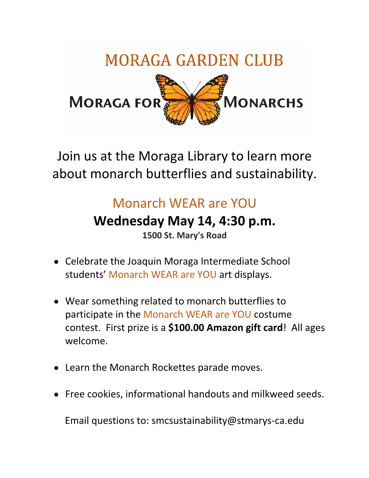 Monarch WEAR are YOU, 4:30pm 5/14 at Moraga Library