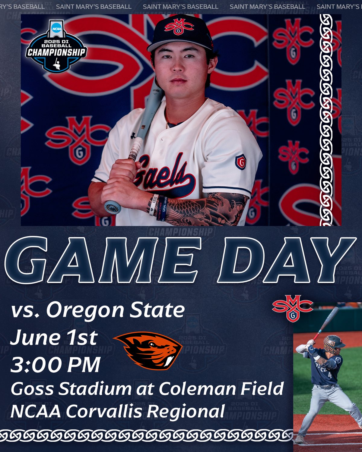 Image of baseball player with bat a text GAM DAY vs. Oregon State, along with time and location