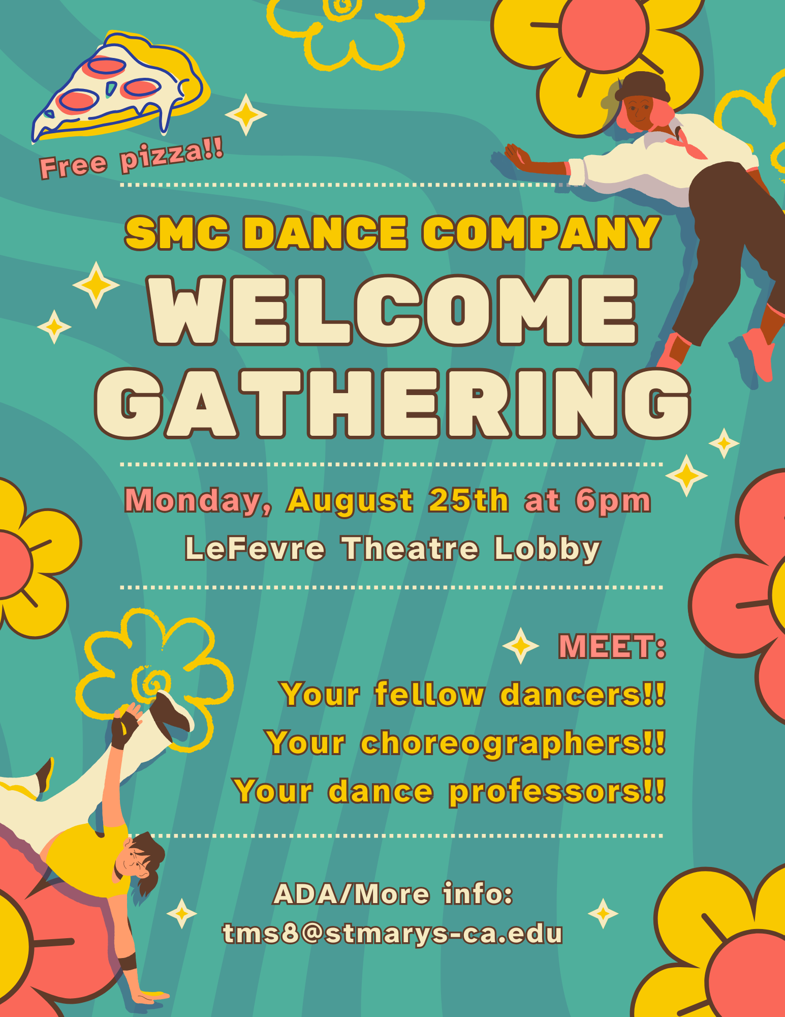 Dance Company Welcome Gathering Aug. 25 at 6pm in LeFevre Theatre
