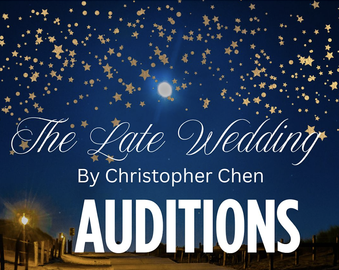 image of blue starry night with full moon and the title THE LATE WEDDING by Christopher Chen AUDITIONS