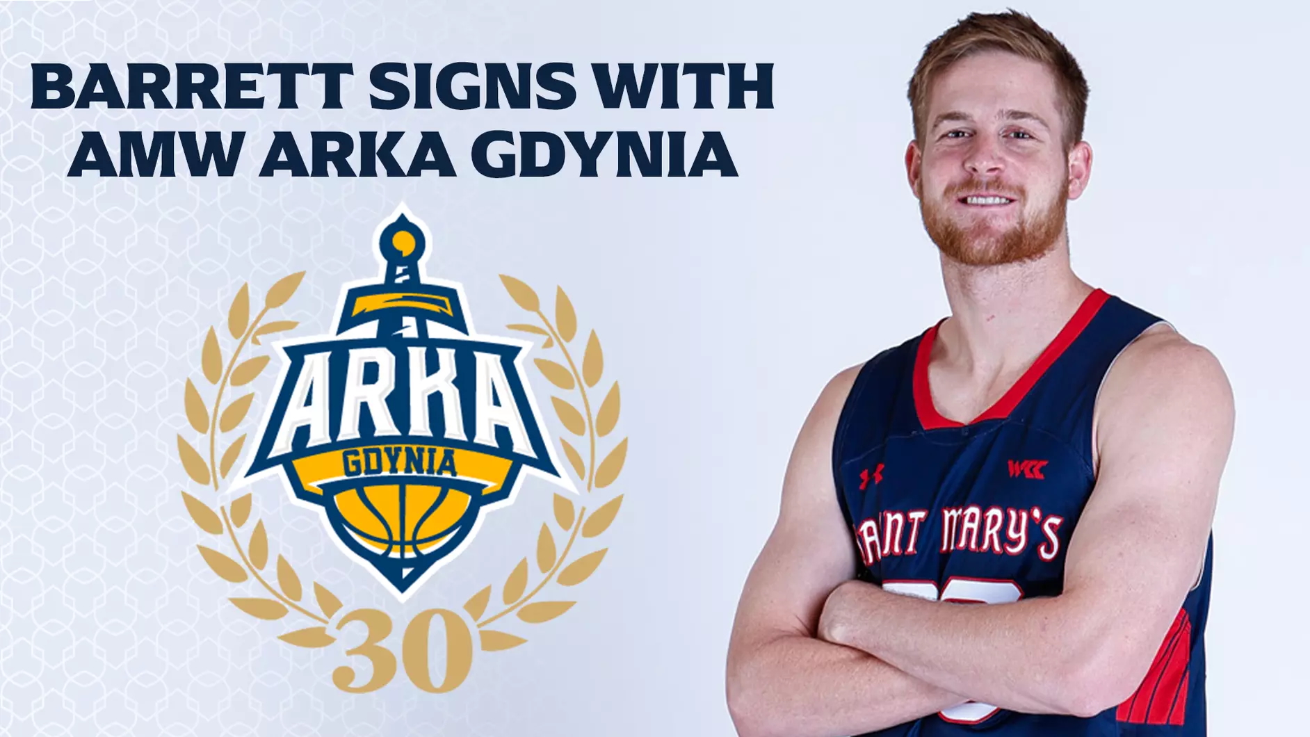 Basketball player Luke Barrett and text &quot;Barrett signs with AMW Arkansas Gdynia&quot;