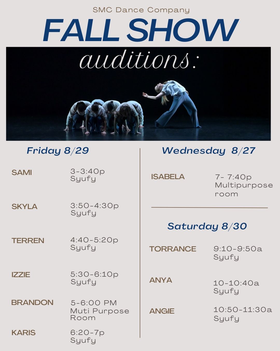 Fall '25 Dance Audition Times
