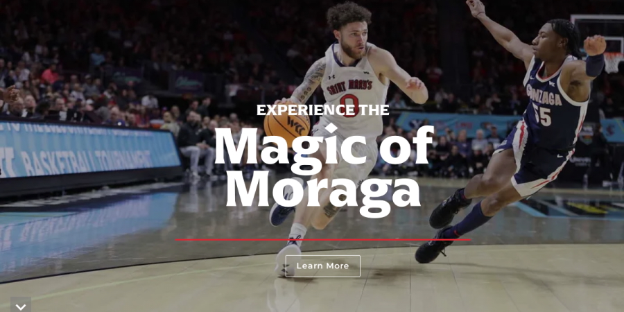 Basketball player Logan Johnson and text Experience the Magic of Moraga