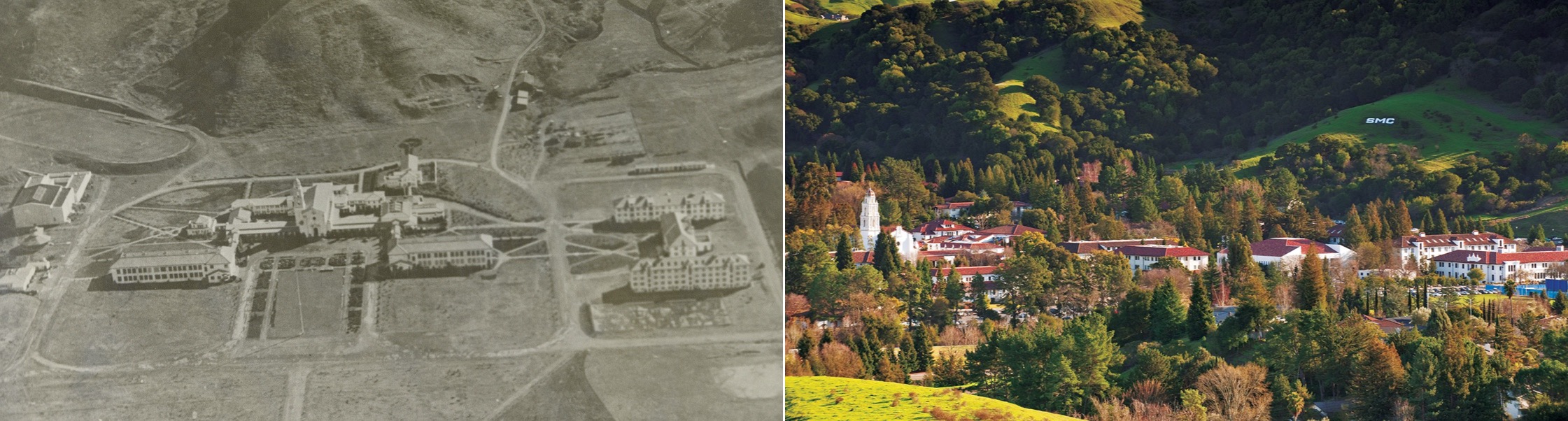 Saint Mary's College aerial view in 1928 and 2024