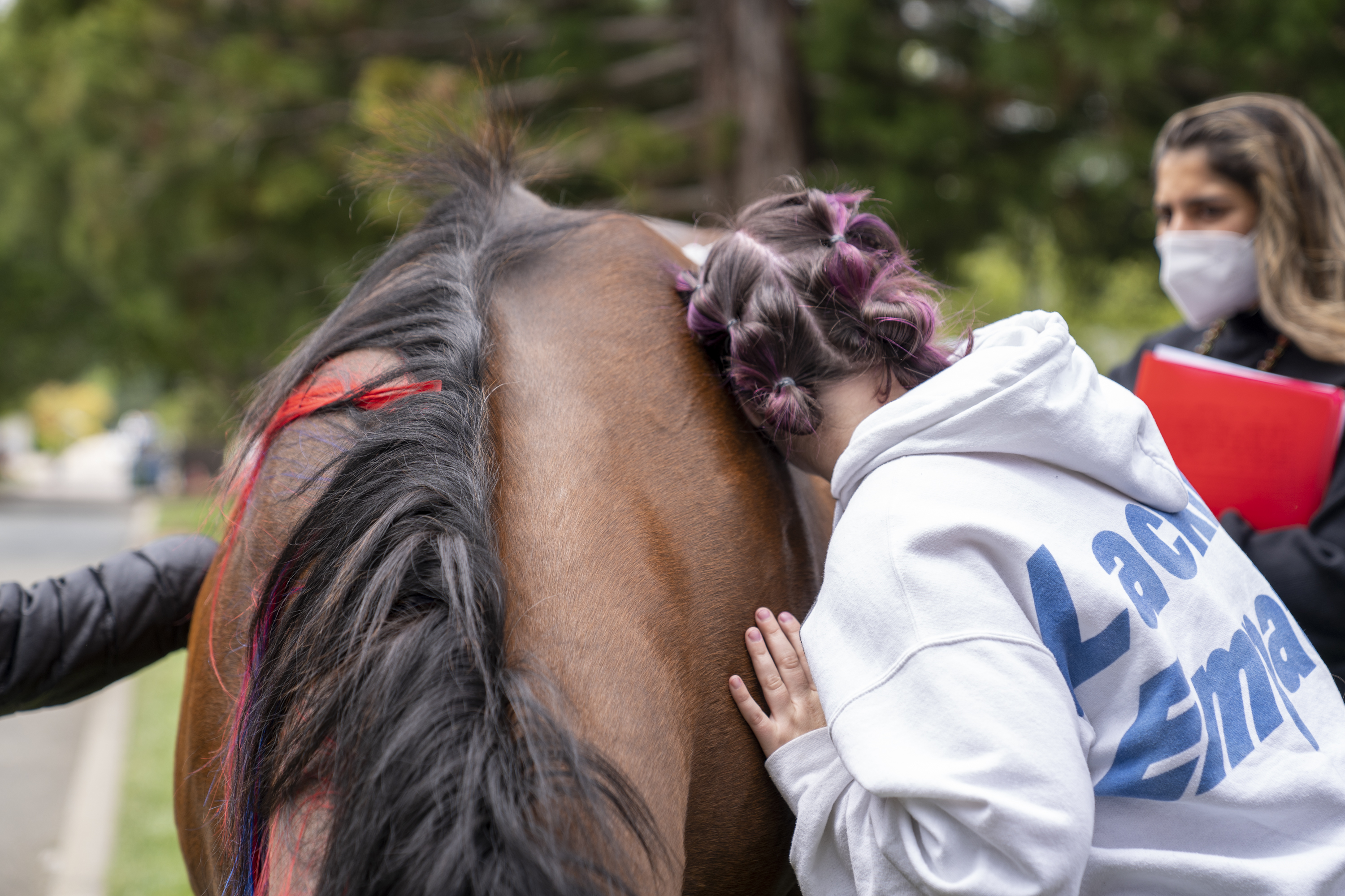 Student lightly leaning on Bart the horse on campus.
