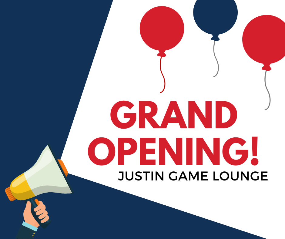A megaphone announces the grand opening of Justin Game Lounge, accompanied by colorful balloons on a navy blue background.
