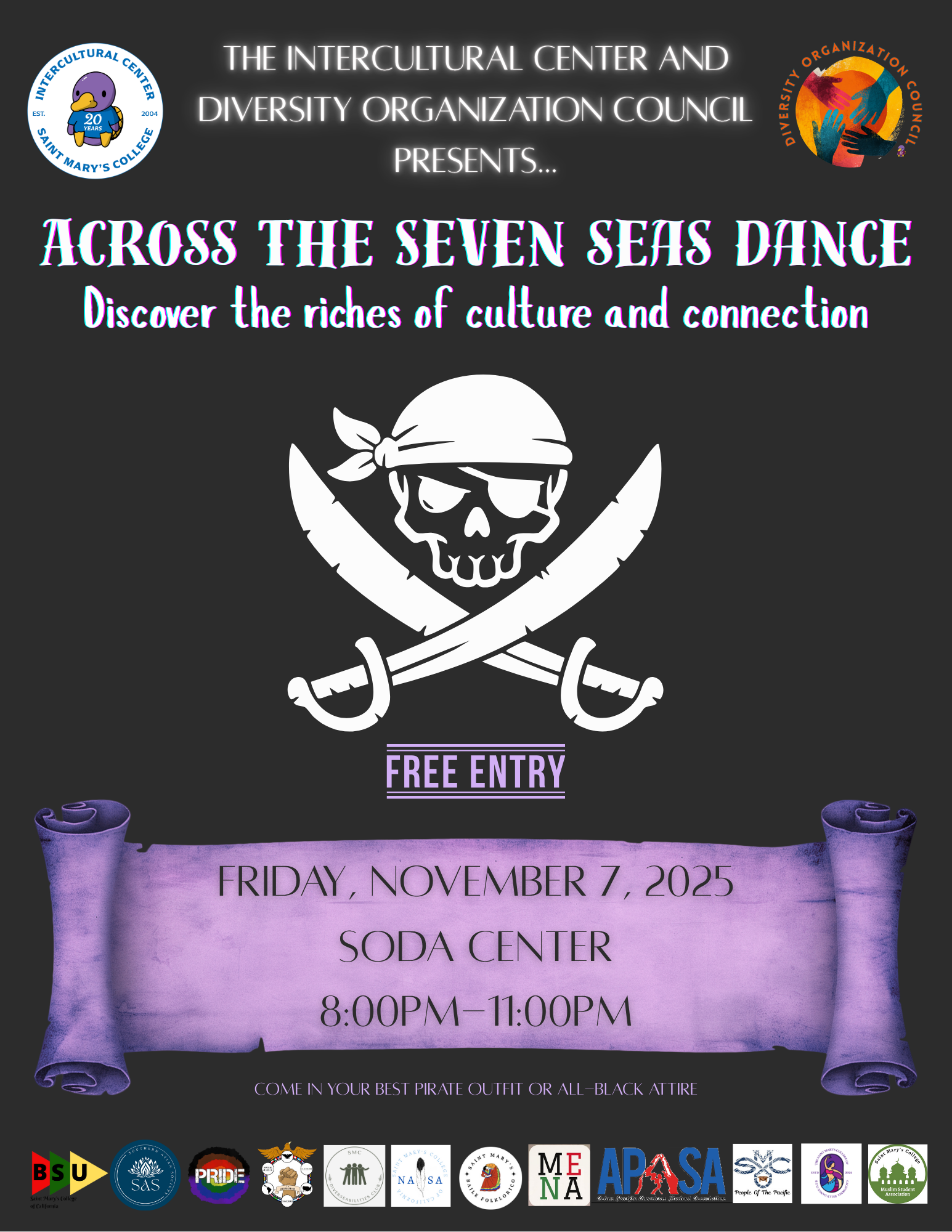 Black background with an emblem representing a pirate in the middle. Across the Seven Seas Dance. November 7, 2025. SODA Center. 8:00pm-11:00pm. Date/time/venue information is placed in front of a purple parchment.